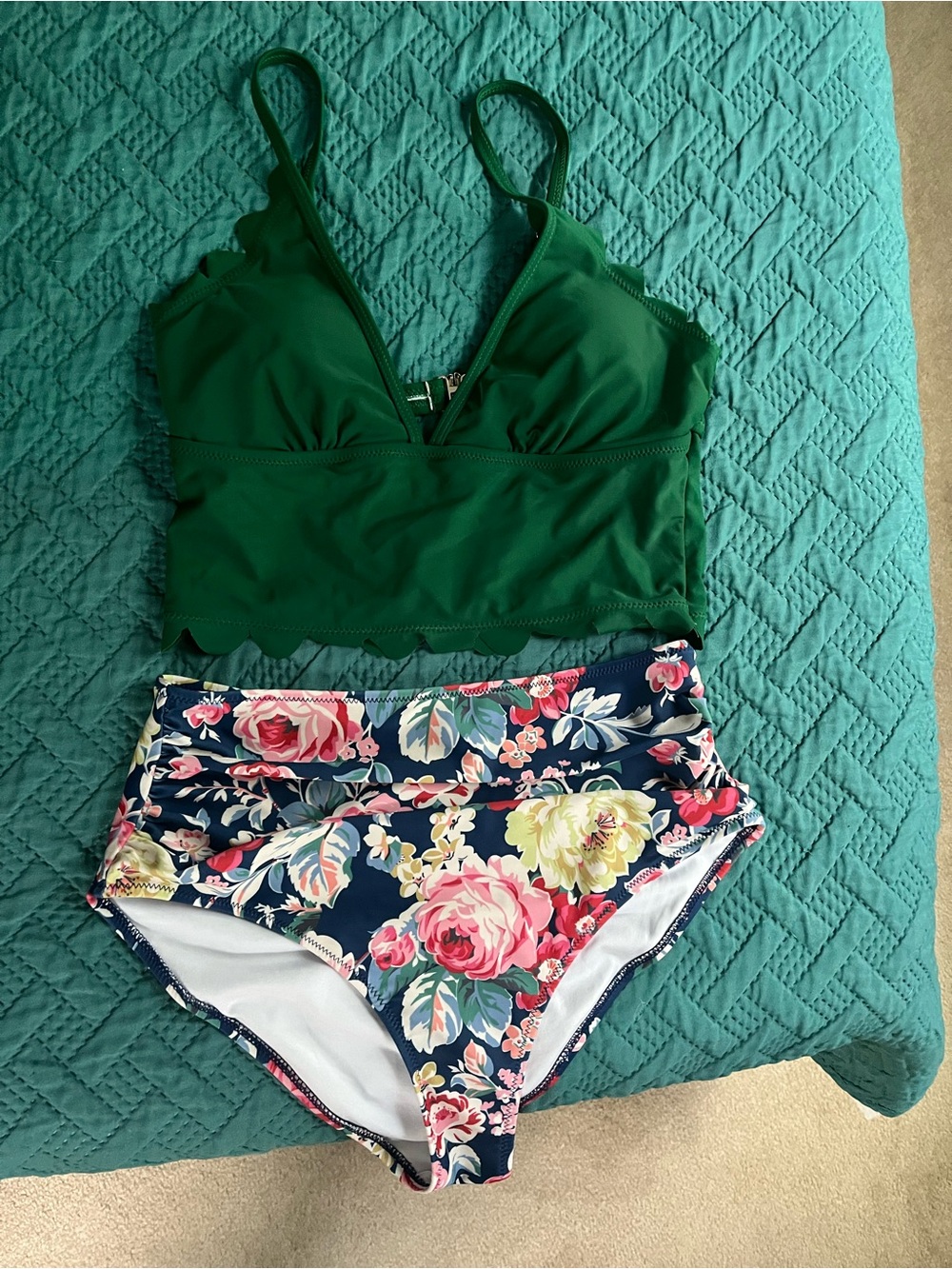 High-Waist Floral Bikini Bottoms with Green Scallop Trim Bandeau
